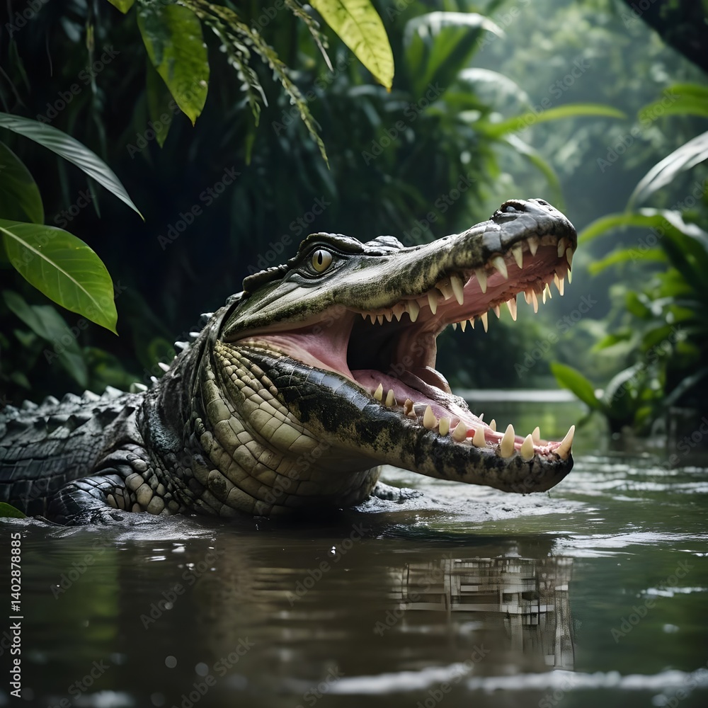 Fototapeta premium Spectacled Caiman in the Amazon Rainforest