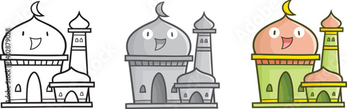 Funny three color version of green mosque cartoon illustration
