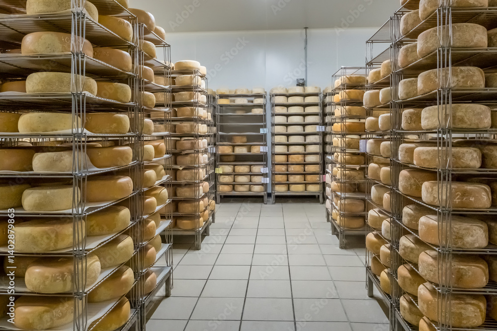 Aging Ossau-Iraty cheese on shelves in a maturing cellar in the Pyrenees