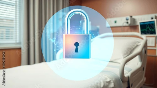 Digital Security Concept in Hospital Room with Locked Padlock Graphic