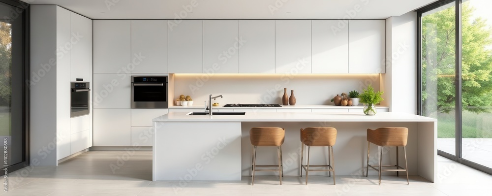Sleek white cabinetry, quartz counters, breakfast bar seating , chic, kitchen remodel Sleek white cabinetry, quartz counters, breakfast bar seating , chic, kitchen remodel
