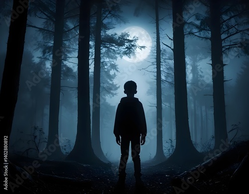 Boy Silhouette in Mysterious Moonlit Forest