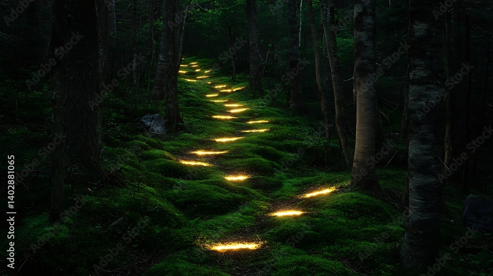 Fototapeta premium A serene forest with softly glowing moss and radiant pathways 