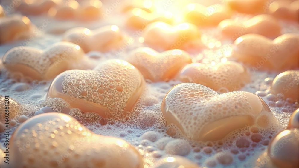 Heart-shaped objects submerged in bubbly foam, bathed in warm sunlight, evoke feelings of serenity and affection. Heart-shaped objects submerged in bubbly foam, bathed in warm sunlight, evoke feelings of serenity and affection.