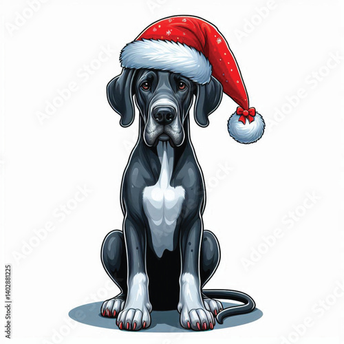 Christmas Great Dane Dog wearing santa claus hat Cartoon Vector Illustration isolated