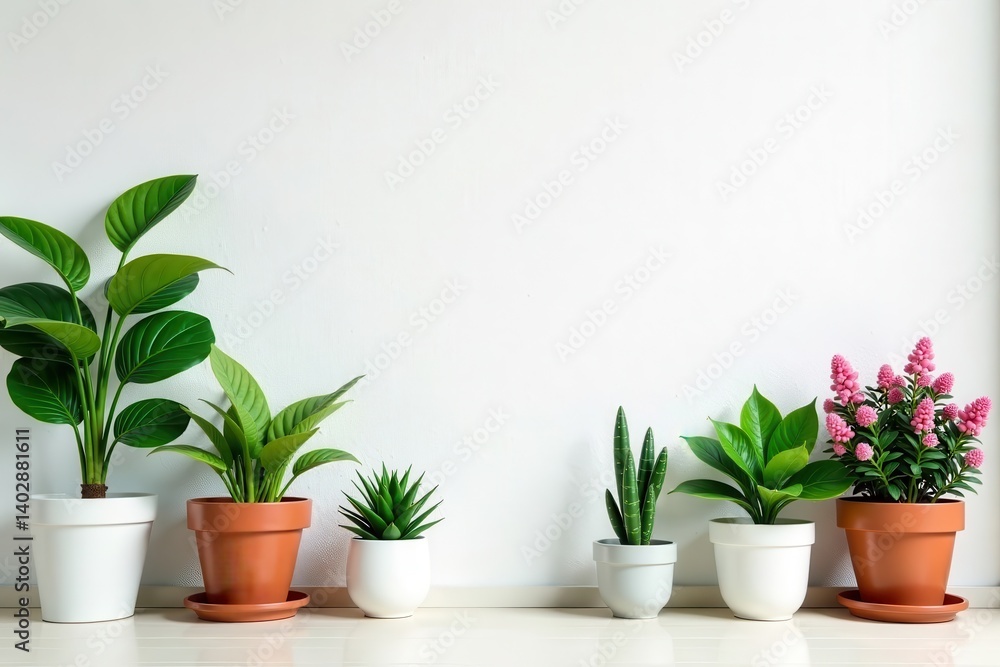 Fototapeta premium White textured wall, potted plants arrangement, home decor, clean, light
