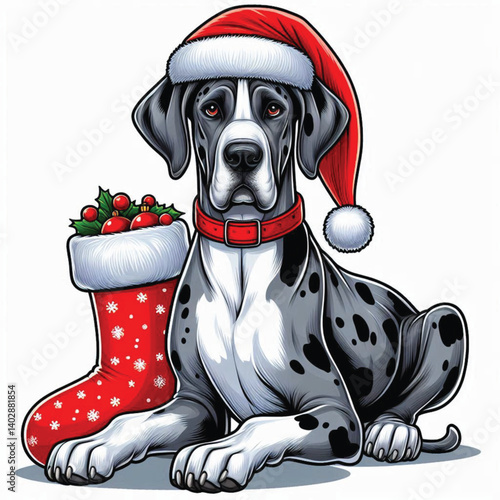 Christmas Great Dane Dog wearing santa claus hat Cartoon Vector Illustration isolated