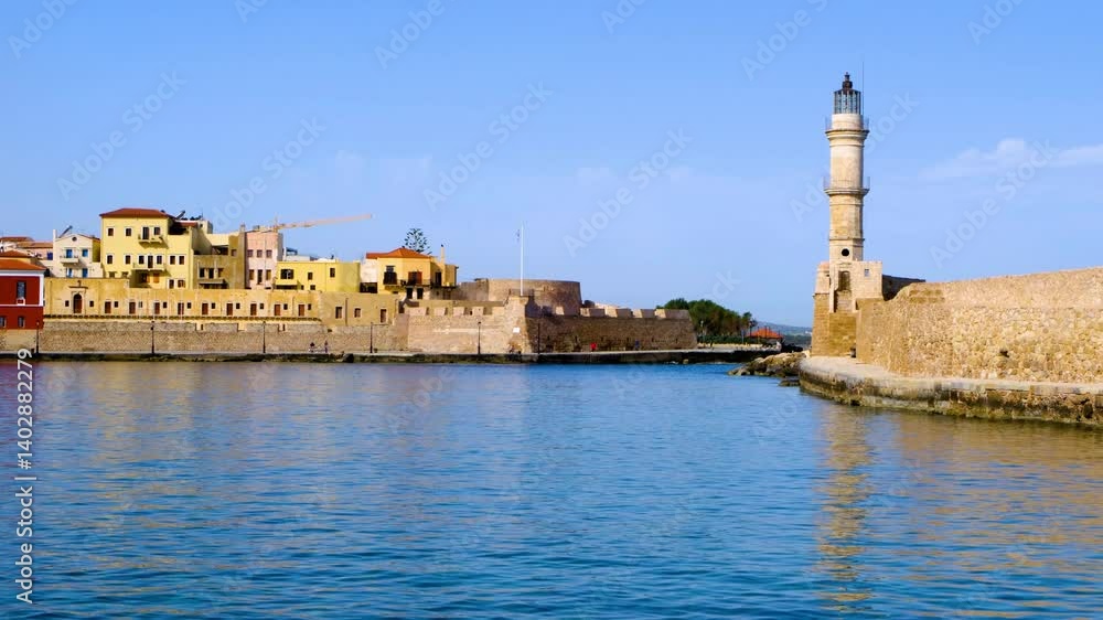 The entrance to the historic Venetian harbor at Chania on the Greek island of Crete The entrance to the historic Venetian harbor at Chania on the Greek island of Crete