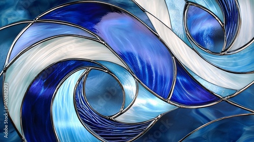 Elegant stained glass artwork with swirling blues and white hues