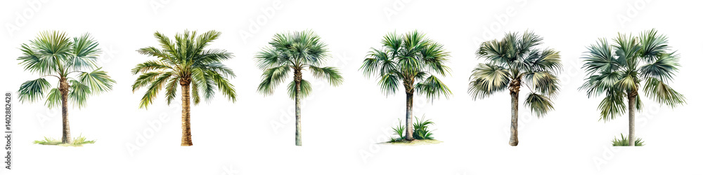 Obraz premium PNG Tropical palm trees illustration variety, element set on transparent background