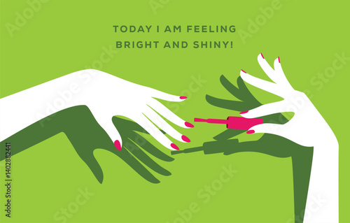 Female hands doing nail polish with quote. Hand with shadow fashion illustration.

