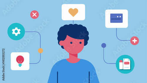 Symptom Checker An illustration of a user interacting with a digital symptom checker guided by AI with visual flowcharts connecting symptoms to potential preventative care
