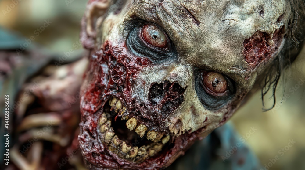 A close-up of a terrifying zombie with decaying flesh and exposed bones. A close-up of a terrifying zombie with decaying flesh and exposed bones.
