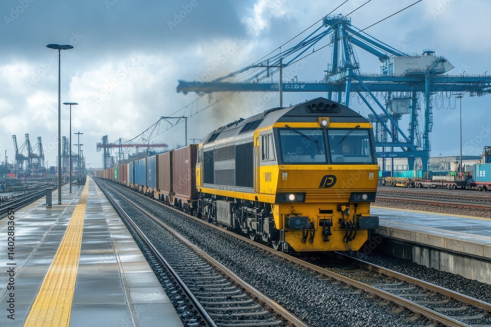 A large yellow train transporting cargo containers on tracks outdoors A large yellow train transporting cargo containers on tracks outdoors