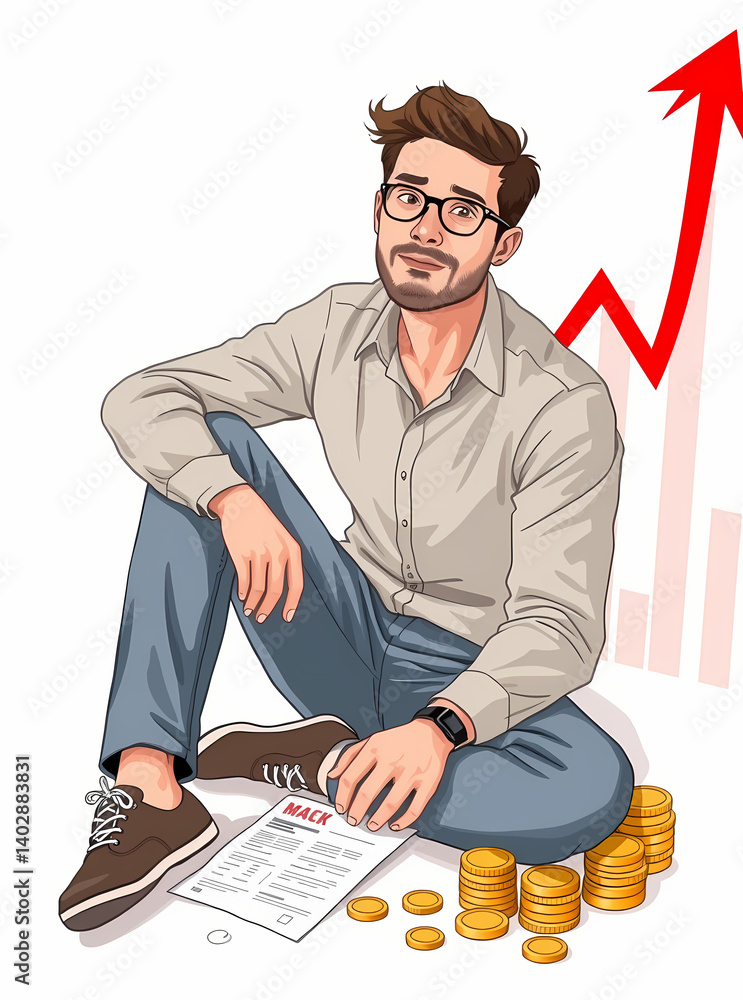 A businessman sits with a rising financial graph, coins, and documents, visualizing success.