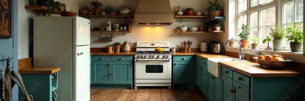 Fototapeta premium Rustic kitchen with vintage appliances, wooden countertops, farmhouse, wood, toaster