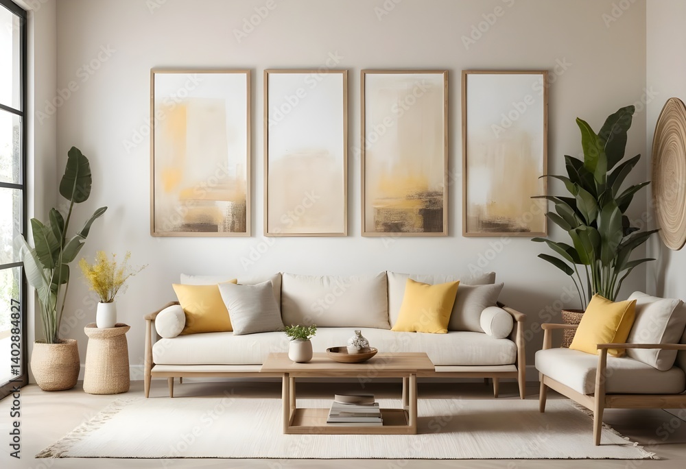 Obraz premium Modern Living Room Interior with Beige Sofa, Yellow Pillows, and Abstract Art