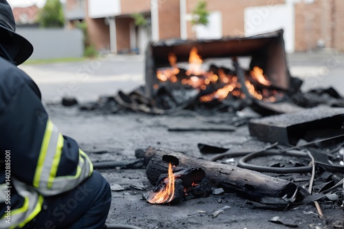 Back view of a fire investigator investigating at an arson scene with copy space