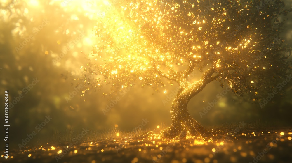 Naklejka premium Enchanted golden money tree shimmering in soft morning mist with radiant golden sparkles