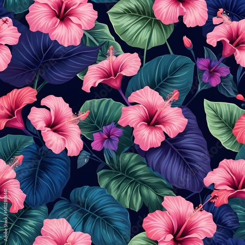 Wallpaper Mural Tropical Hibiscus Flower Seamless Pattern Torontodigital.ca