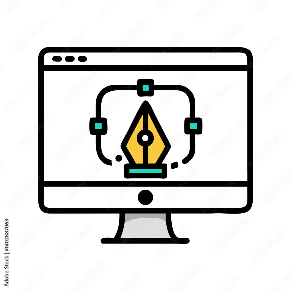 Computer Screen with Vector Tool Icon Representing Graphic Design and Digital Computer Screen with Vector Tool Icon Representing Graphic Design and Digital