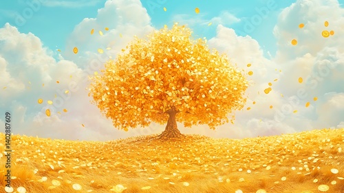 Golden money tree glowing amidst rolling golden fields under a vast pastel sky peaceful scene