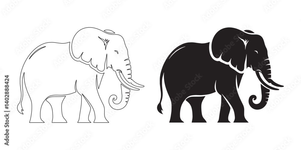 Naklejka premium Majestic elephant silhouette designed in bold vector with elegant elephant line art – elephant icon – minimalist elephant outline – elephant illustration – elephant lineart