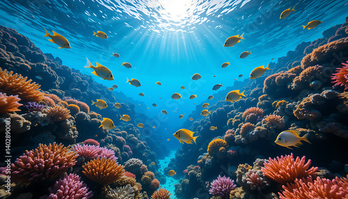 Wallpaper Mural "A serene underwater scene with vibrant tropical fish swimming among colorful coral reefs, crystal-clear blue water, and sunlight shimmering from above."

 Torontodigital.ca
