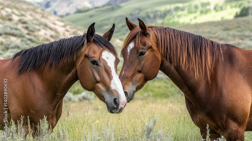 Fototapeta premium Two horses nuzzling in a grassy meadow.