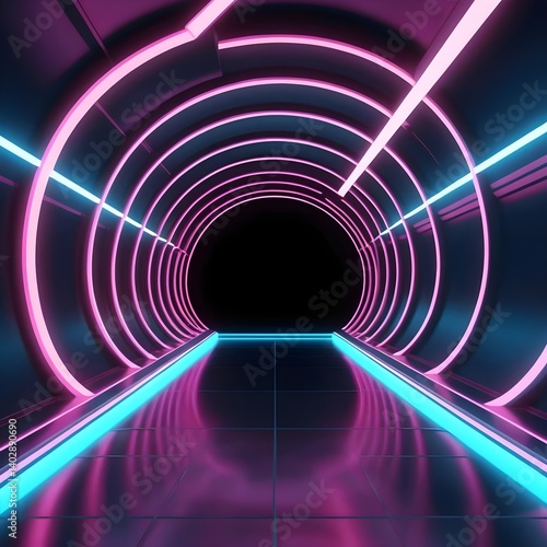 Neon Tunnel, Futuristic Corridor, Glowing Lights