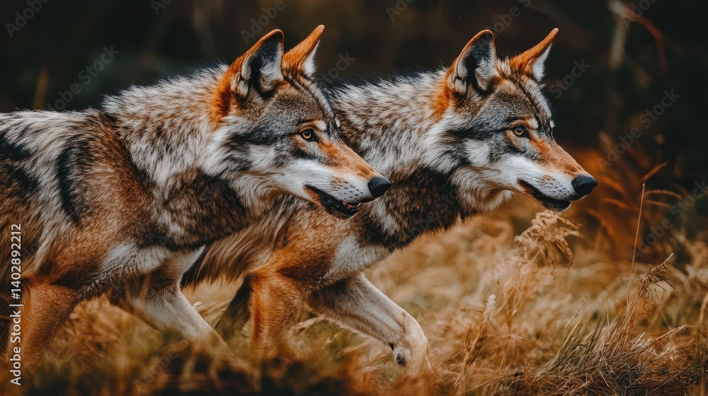 Obraz premium Two wolves in profile, a captivating wild scene.