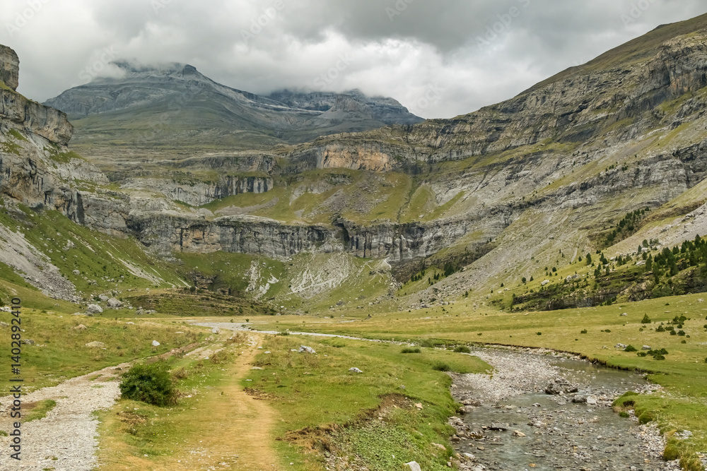 Hiking through Ordesa Valley in Monte Perdido National Park, Spanish Pyrenees.