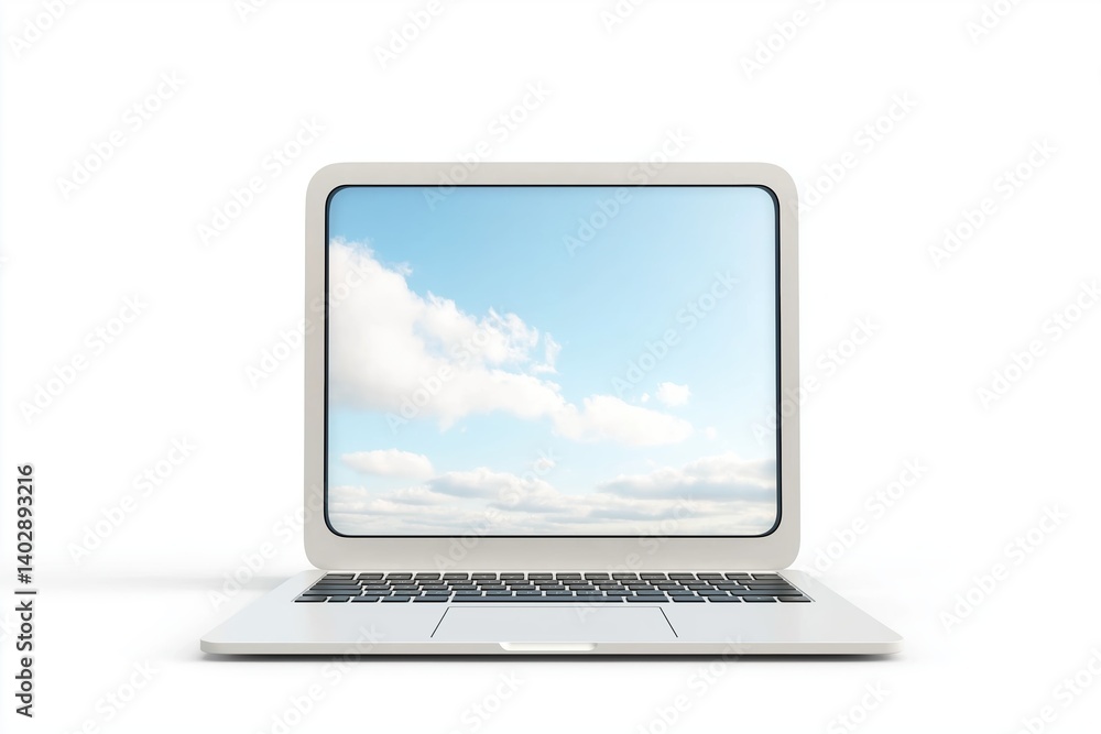 Modern Laptop with Open Screen Displaying Clear Blue Sky and White Clouds in a Minimalist Setting Modern Laptop with Open Screen Displaying Clear Blue Sky and White Clouds in a Minimalist Setting
