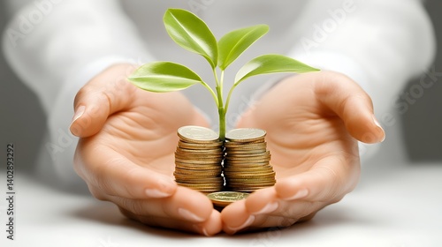 A serene money plant flourishing from stacked coins resting in the gentle support of human hands