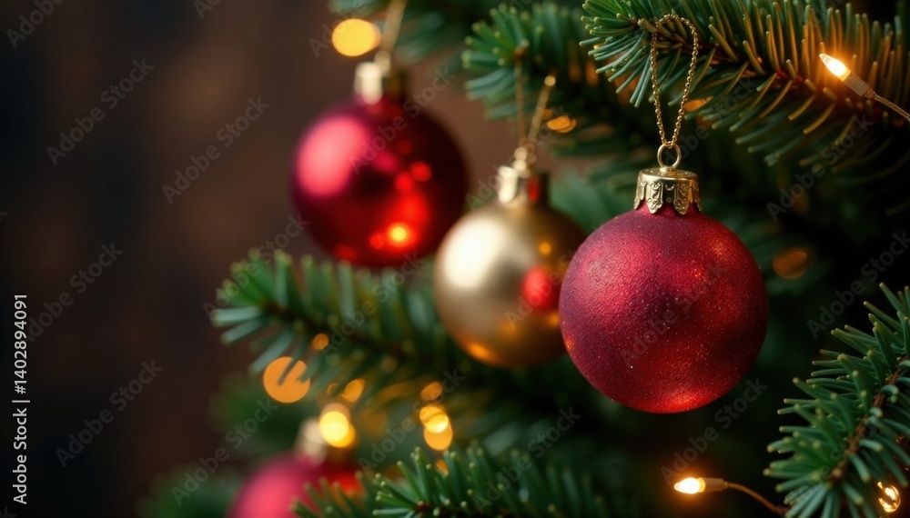 Close-up of Christmas tree ornaments and lights, holly berries, decorative accents, lights Close-up of Christmas tree ornaments and lights, holly berries, decorative accents, lights