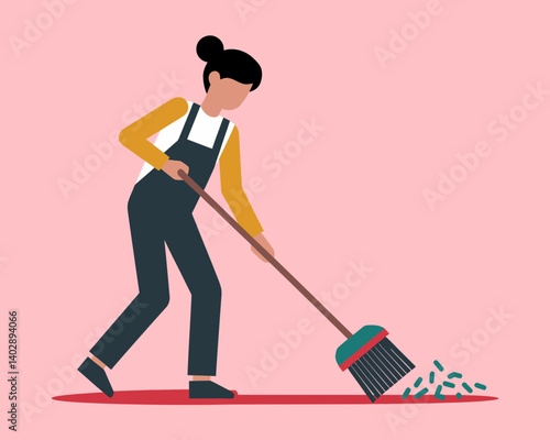 Cartoon Woman Sweeping Litter with Broom on Pink Background Vector Illustration