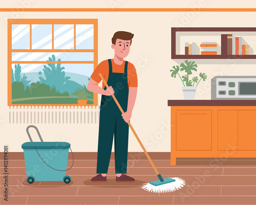 Man mopping floor in home. Cleaning service, hygiene maintenance at home concept.