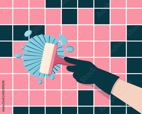Cleaning tiled wall with pink and blue. Home maintenance and sanitization.