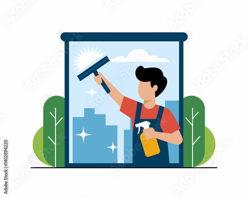 Window Cleaner Service: Man Cleaning Glass with Squeegee and Spray Bottle