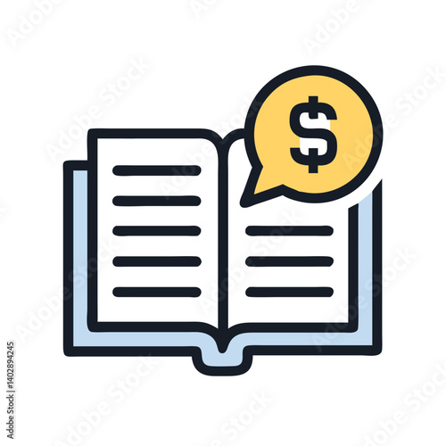 Open Book with Dollar Chat Bubble Icon Representing Business Education and Financial Literacy