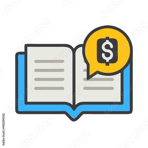 Open Book with Dollar Chat Bubble Icon Representing Business Education and Financial Literacy