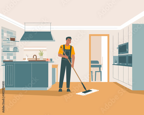 Man mopping kitchen floor in modern home.  Cleaning service illustration.