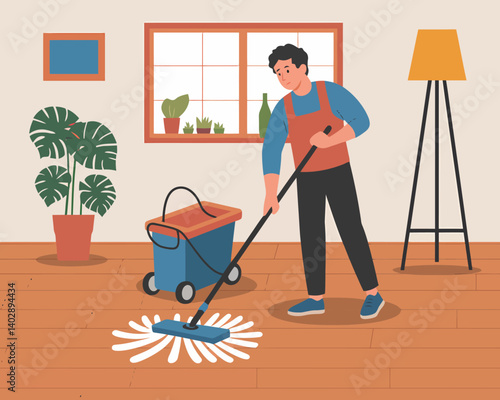 Man mopping wooden floor with bucket in a living room, cleaning service