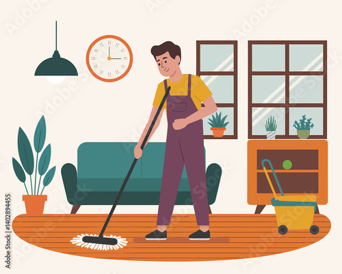 Man Cleaning Living Room Floor with Mop - Household Chores Illustration