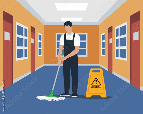 Janitor cleaning floor with mop and caution sign in hallway, vector illustration