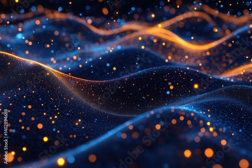 Digital background with glowing blue and orange dots on a dark wave in a technology futuristic concept abstract data flow