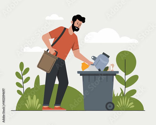 Man Tossing Waste into Trash Bin. Environmental Responsibility, Sustainability, and Waste Management Illustration.