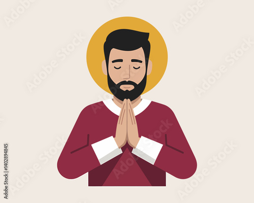 Bearded Man Praying with a Halo, Religious Concept Flat Illustration