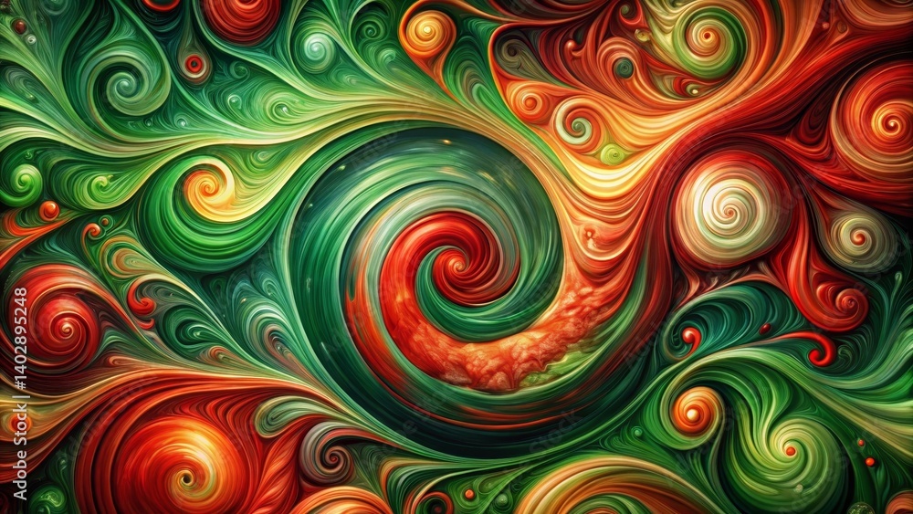 Whimsical Swirls of Green and Red Hues, an Abstract Painting Featuring Intertwined Spirals and Organic Forms, Evoking a Sense of Movement and Energy Whimsical Swirls of Green and Red Hues, an Abstract Painting Featuring Intertwined Spirals and Organic Forms, Evoking a Sense of Movement and Energy