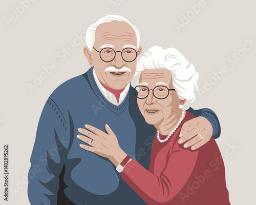 Affectionate Elderly Couple Embracing, Happy Retirement Lifestyle Illustration